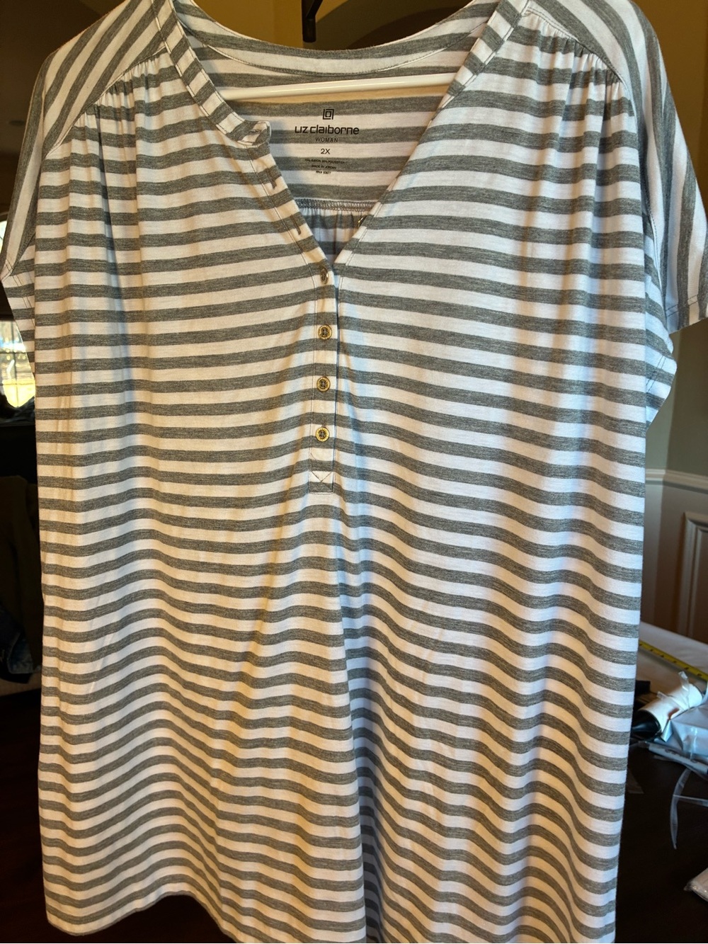 Liz Claiborne Gray and White Striped Short Sleeve Henley Tee